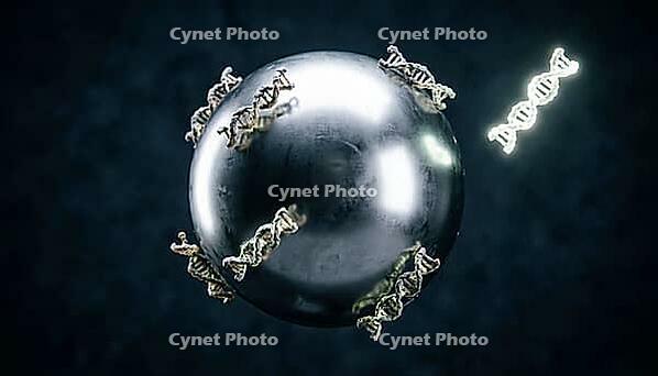 Abstract silver nanoparticle with dim attached DNA fragments and one bright free fragment, dark background, studio shot, AI generated [IBR125407428]