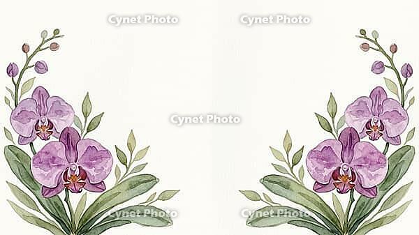 Purple orchids and green foliage in stylish symmetry, floral painting, AI generated [IBR125407439]