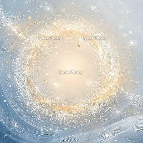 A harmonious circle of light and gold on a blue background, radiates peace, dandelion abstract, AI generates, AI generated [IBR125407442]