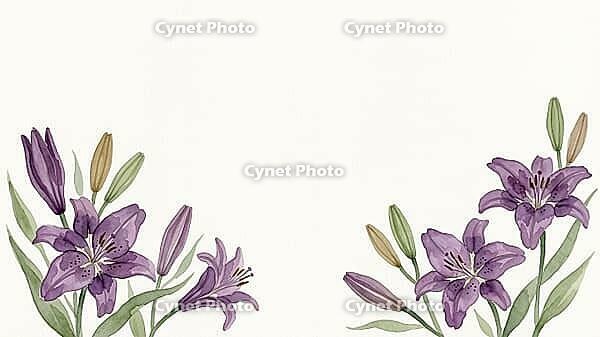 Purple flowers and buds with green leaves in elegant arrangement, painting floral motif, AI generated [IBR125407448]