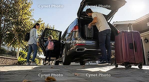 Family packing a car with luggage on a sunny autumn morning, preparing for travel. Vacation, AI generated [IBR125407450]