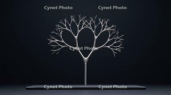 Close-up of a branching tree-like metallic lithium dendrite filament splitting into secondary branches on dark ceramic substrate, charcoal background, battery failure science, AI generated [IBR125407452]