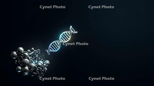 Abstract bright DNA fragment drifting away from dim nanoparticle cluster into dark negative space, studio shot, AI generated [IBR125407464]