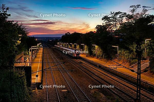 S-Bahn, public transport, train, standing at bus stop, train station, platform, summer rain, sunset, atmospheric, evening mood, Stuttgart, Baden-Württemberg, Germany [IBR113394885]