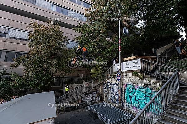 05 September 2026, A mountain biker catches air off a wooden ramp during Red Bull Cerro Abajo in Stuttgart, Germany [IBR113394897]