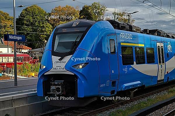 DB, Deutsche Bahn, Zug, Regionalexpress, RE, Arverio, arrives at station, Nördlingen, Swabia, Bavaria, Germany [IBR113394899]