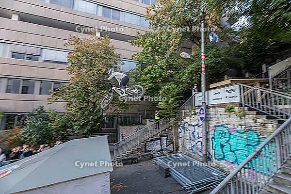 05 September 2026, A mountain biker catches air off a wooden ramp during Red Bull Cerro Abajo in Stuttgart, Germany [IBR113394929]
