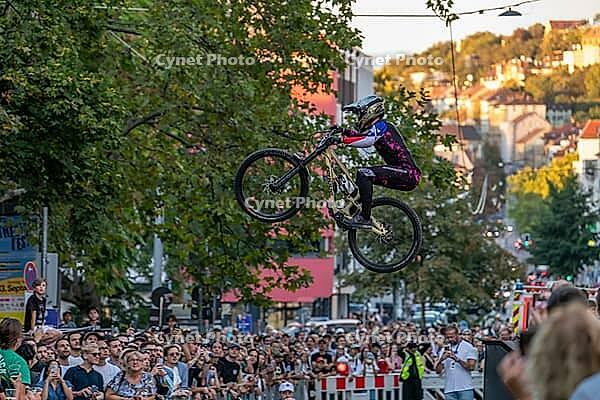 05 September 2026, A rider jumps mid-air during the Red Bull Cerro Abajo urban downhill mountain bike race in Stuttgart, Germany [IBR113394930]