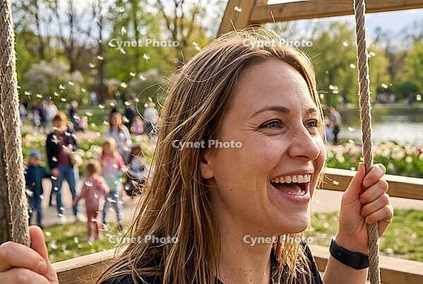 Swinging woman in public park, joyful recreation and mental wellbeing in urban green spaces, airborne dandelion seeds swirling in spring sunlight, carefree adulthood recapturing inner child freedom on wooden playground swings, lush lawn with strolling fam [IBR125414117]