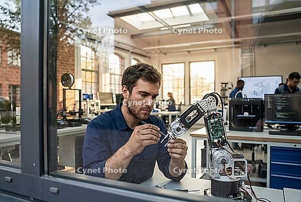 Robotics engineer assembling automated mechanical arm prototype in high tech workshop, artificial intelligence hardware engineering development, mechatronics calibration in smart manufacturing innovation lab, concentrated technician adjusting precision co [IBR125414120]