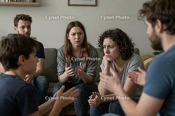 Emotional group therapy and psychological counseling during an intense family crisis discussion, interpersonal communication breakdown and mediation, concerned relatives sitting together in a living room circle, diverse generational perspectives clashing  [IBR125414127]