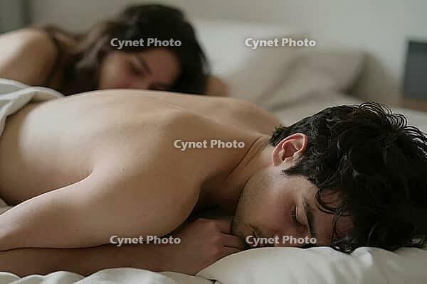 Deep restorative sleep of a young couple lying in white bed sheets, somatic relaxation, peaceful slumber in morning light, vulnerable intimacy, circadian rhythm regeneration, bare skin texture emphasizing somatic grounding, tranquil domestic bedroom envir [IBR125414130]