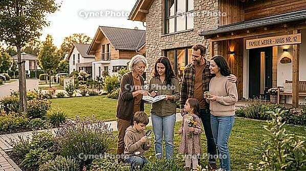 Multigenerational family exploring garden biodiversity and botany in front of a suburban home, intergenerational knowledge transfer, grandmother and mother consulting an illustrated nature reference book while a curious young boy examines blooming flora w [IBR125414134]