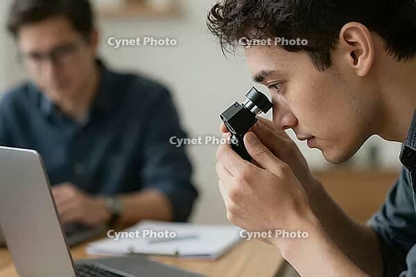 Meticulous optical inspection and quality assurance in modern technology research, a young technician examines micro structures with a precision loupe, concentrated scrutiny during material evaluation and forensic analysis in a collaborative workspace, fo [IBR125414140]