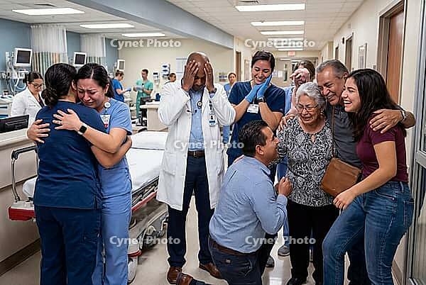Hospital staff and family celebrating miraculous medical recovery in emergency ward, healthcare workers experiencing overwhelming emotional relief, weeping nurses hugging each other in clinical scrub uniforms, an exhausted physician holding head in disbel [IBR125414141]