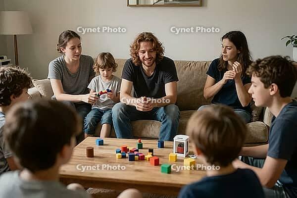 Intergenerational family interaction, playful cognitive development with colorful building blocks fostering communication and shared domestic moments, children and adults gathered around a wooden living room table engage in collaborative motor skill train [IBR125414147]