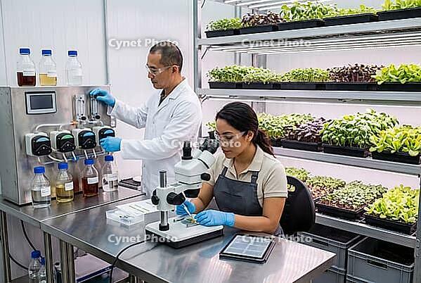 Controlled environment agriculture and modern plant biotechnology optimize indoor food security, agronomists analyze microgreen genetics using precision microscopy and automated nutrient dosing systems, tiered vertical shelving structures with full spectr [IBR125414151]