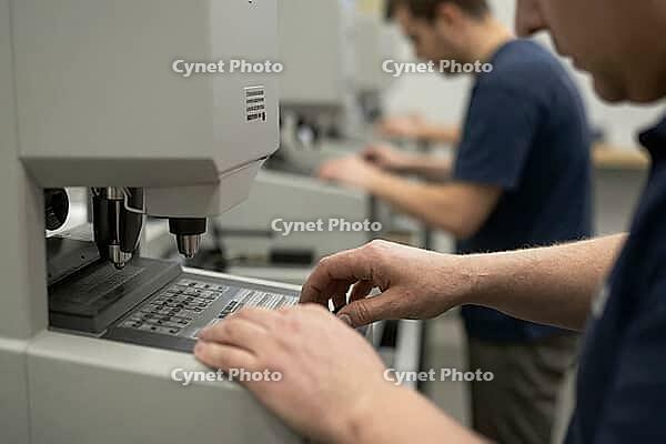 Precision manufacturing and vocational engineering workflows in modern laboratory facilities, skilled technicians operate complex control panels of industrial calibration machinery, tactile manual labor merges with automated high tech processing to optimi [IBR125414153]