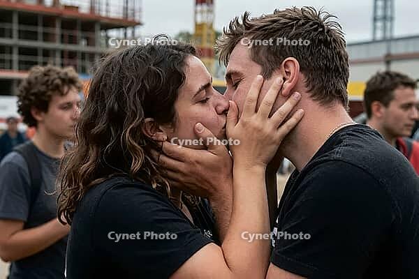 Passionate romantic kiss between young lovers embracing in public space with genuine intimacy, emotional devotion and deep connection, tender hands gently framing faces during an intense moment of affection, striking visual juxtaposition between delicate  [IBR125414154]