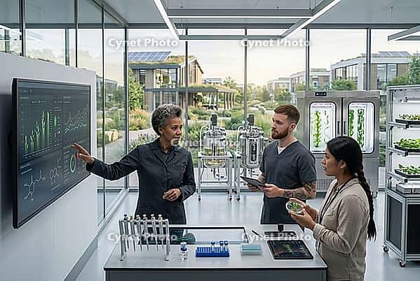 Modern agricultural biotechnology research, data analytics for vertical farming, precision agriculture and botanical genetics inside smart laboratory, three diverse bioengineers collaborate around interactive smart screens and laboratory benches, a senior [IBR125414157]
