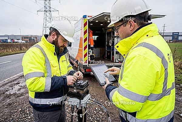 Fiber optic broadband deployment, telecommunication technicians install digital network infrastructure beside roadside utility van, team engineering, field technicians wearing high visibility safety gear inspect fiber cables using fusion splicer and table [IBR125414159]