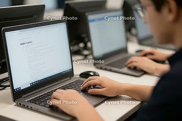 Digital literacy and interactive education in modern academic environments, anonymous students typing on laptops in a high technology computer laboratory, focused fingers on portable keyboards processing digital information, academic knowledge transfer th [IBR125414170]