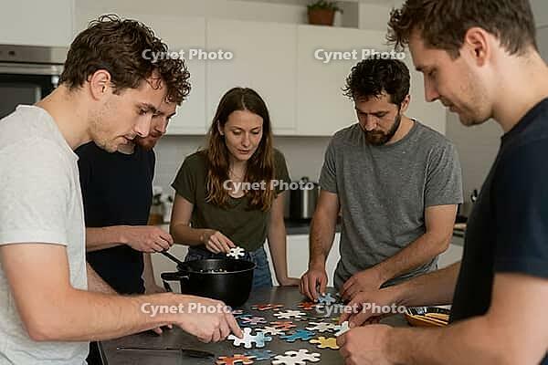 Collaborative teamwork and cognitive problem solving in shared living space, young adults assembling colorful puzzle pieces on kitchen counter, integrating collective intelligence for complex task management, strategic alignment and synergy in flatshare c [IBR125414173]