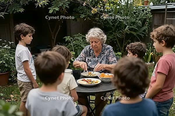 Intergenerational care and familial nutrition, grandmother serving fresh food to young grandchildren in a green garden, attentive boys waiting for lunch, domestic kinship and communal outdoor dining, healthy meal with fruits and vegetables, nurturing mate [IBR125414174]