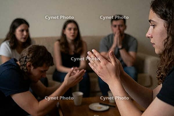 Group therapy, spiritual counseling, emotional support circle, youth prayer meeting, empathetic communication, collective vulnerability and compassion, young adults seated together addressing psychological distress and interpersonal healing, communal refl [IBR125414180]