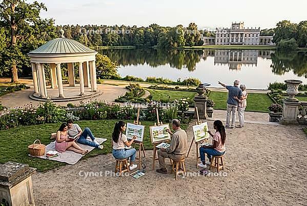 Plein air landscape painting, cultural heritage tourism, peaceful picnic leisure by lake, neoclassical palace architecture reflection in water, aspiring artists capturing serene botanical vistas on wooden easels, a young couple reading literature together [IBR125414188]