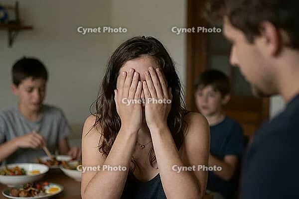 Parental burnout and domestic conflict during family dinner, overwhelmed mother hiding face in despair, mental health crisis in the domestic sphere, emotional exhaustion from maternal care work, psychological strain of unequal cognitive load distribution  [IBR125414189]