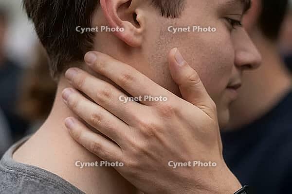 Tactile intimacy, emotional support and somatic connection, a caring hand gently caressing a young man neck and jawline, nonverbal communication of trust and vulnerability through skin contact, somatic nervous system regulation through physical presence a [IBR125414197]