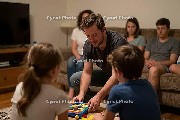 Cognitive development and family bonding during educational board games in a living room, an adult mentor guides children with tactile logic puzzles, fostering spatial thinking and cooperative learning through haptic playful interaction, relatives observe [IBR125414198]