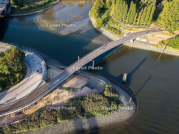 Aerial view of the curved Entenwerder Bridge across the Oberhafen Canal with a waterfront path on the Norderelbe near Rothenburgsort, Hamburg, Germany [IBR113394945]