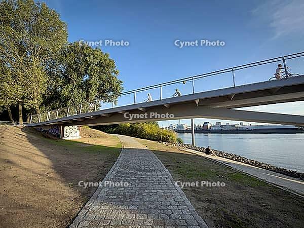 Entenwerder footbridge and cycle bridge (Entenwerder Bridge) over the Oberhafen Canal, with a riverside path along the Northern Elbe near Rothenburgsort, Hamburg, Germany [IBR113394946]