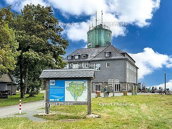 View of the Astenturm complex on the Kahler Asten, situated 841 metres above sea level, featuring a 21-metre-high observation tower with an official weather station operated by the German Weather Service (DWD) and a main building housing a hotel and resta [IBR125414232]