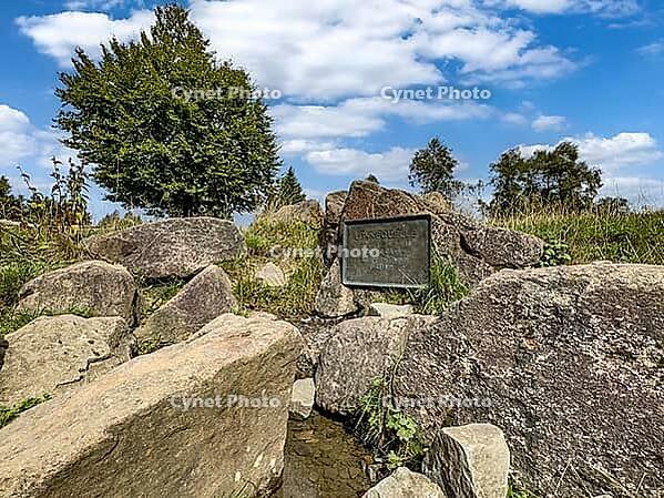 Source of the river Lenne Lennequelle on top of Kahler Asten in the Rothaargebirge with metal plate on it inscription Lennequelle 830 m above sea length of the river 138 km, Winterberg, Sauerland, North Rhine-Westphalia, Germany [IBR125414233]