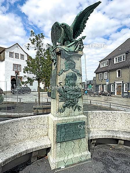 Column of original historic war memorial Memorial to Unification Wars with eagle and relief of Emperor Wilhelm I and memorial plaque with inscription To the unforgettable hero emperor Wilhelm I and the sons who fell for the fatherland the grateful county  [IBR125414236]