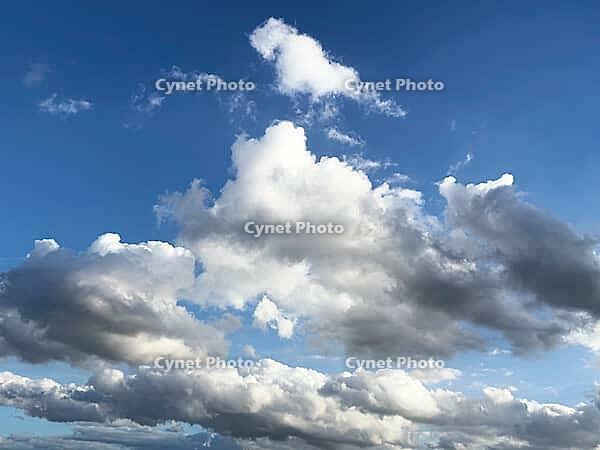 White cluster clouds Cumulus Stratocumulus under blue sky, Germany [IBR125414249]