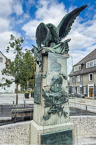 Column of original historic war memorial Memorial to Unification Wars with eagle and relief of Emperor Wilhelm I and memorial plaque with inscription To the unforgettable hero emperor Wilhelm I and the sons who fell for the fatherland the grateful county  [IBR125414275]