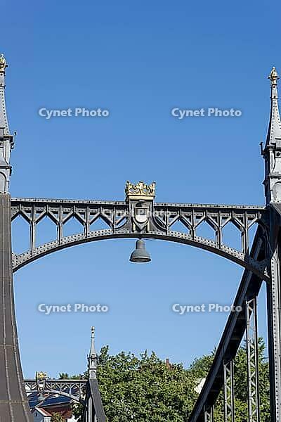 Decorated bridge element with golden crown, city coat of arms and lantern, embedded in the historic steel structure, Neutor Bridge, Ulm, Swabian Jura, Baden-Württemberg, Germany [IBR125414281]