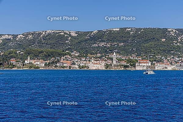 View from the sea to the town of Rab, island of Rab, Croatia [IBR125415412]