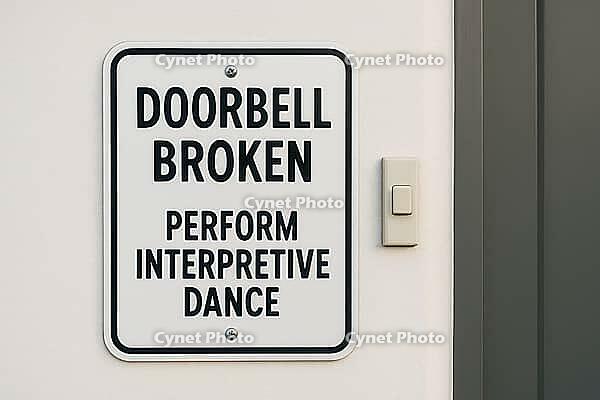 Sign displaying a humorous message about a broken doorbell, suggesting an interpretive dance as a creative alternative for communication, AI generated [IBR125421185]