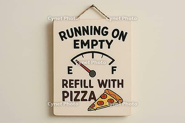Funny sign with a gas gauge pointing to empty and suggesting to refill with pizza, hanging on a white wall, AI generated [IBR125421190]