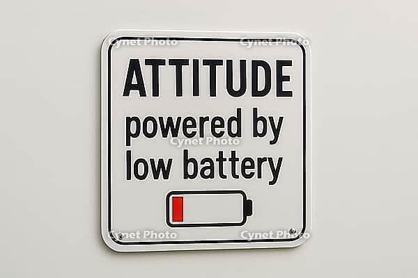 Humorous sign featuring a low battery icon, playfully representing feelings of exhaustion and a lack of motivation in daily life, AI generated [IBR125421192]