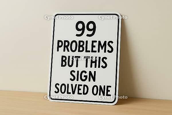 White sign with black writing saying 99 problems but this sign solved one is leaning on a shelf against a wall, AI generated [IBR125421194]