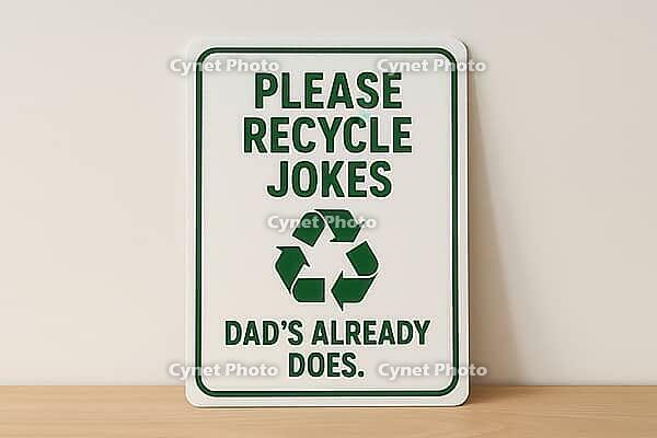 White recycling sign with green writing and symbol suggesting to recycle jokes because dad already does, placed on wooden surface, AI generated [IBR125421195]