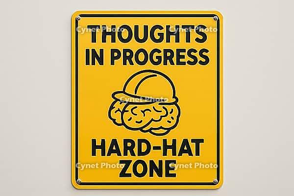 Yellow sign with brain wearing hard hat and text thoughts in progress and hard hat zone fixed on a white wall, AI generated [IBR125421196]