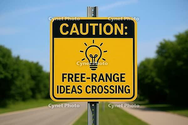 Yellow road sign warns of free range ideas crossing, promoting creative thinking and innovation, AI generated [IBR125421197]