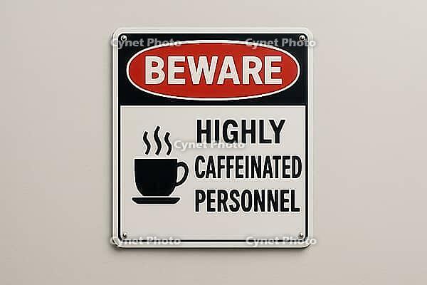 Humorous sign warning about highly caffeinated personnel, ideal for concepts related to coffee, work, and humor, AI generated [IBR125421200]